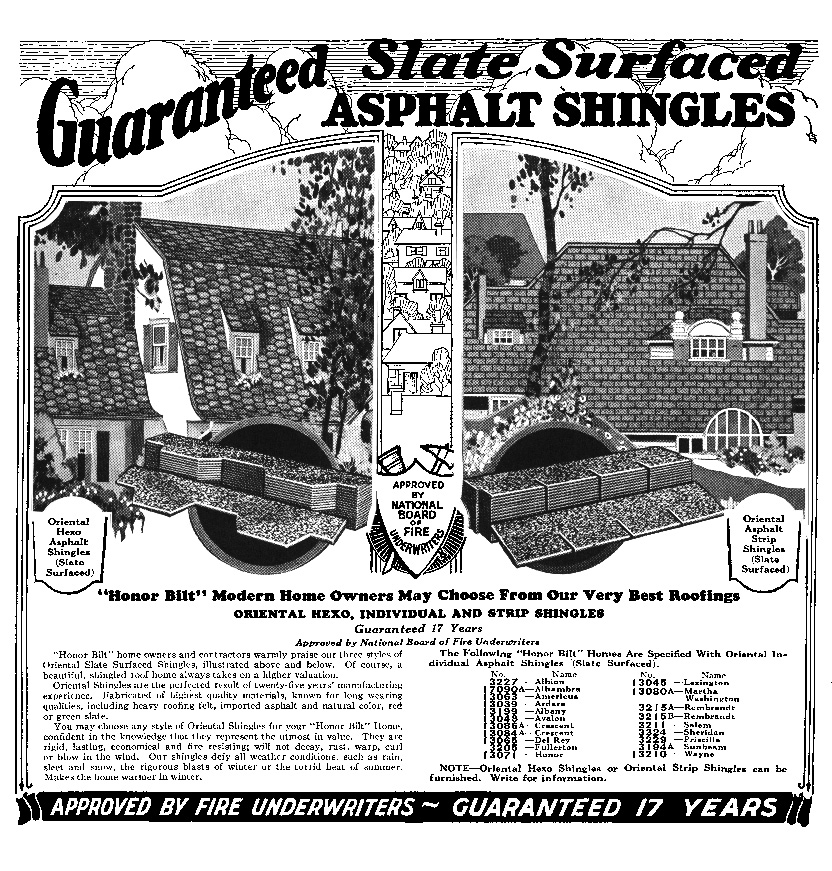 [Photo] An advertisement by Sears, Roebuck and Co., 1926 Catalogue of Houses showing guaranteed slate surface asphalt shingle.