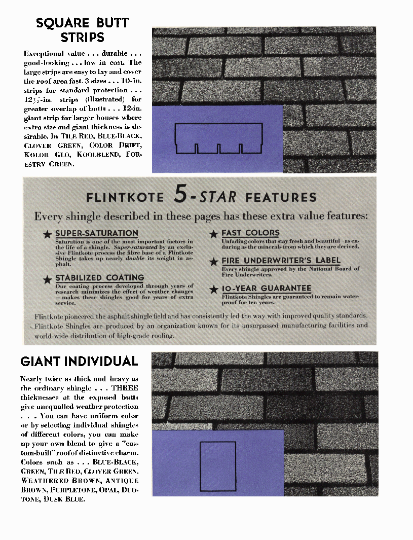 [Photo] An ad sheet showing square butt strips, giant individual shingles by Flintkote