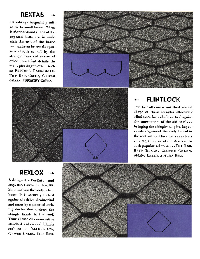 [Photo] An ad sheet showing rextab, flintlock, and  rexlox shingles