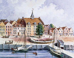 [Photo] A painting showing the tile roof on Stadt Huys (City Hall), New Amsterdam