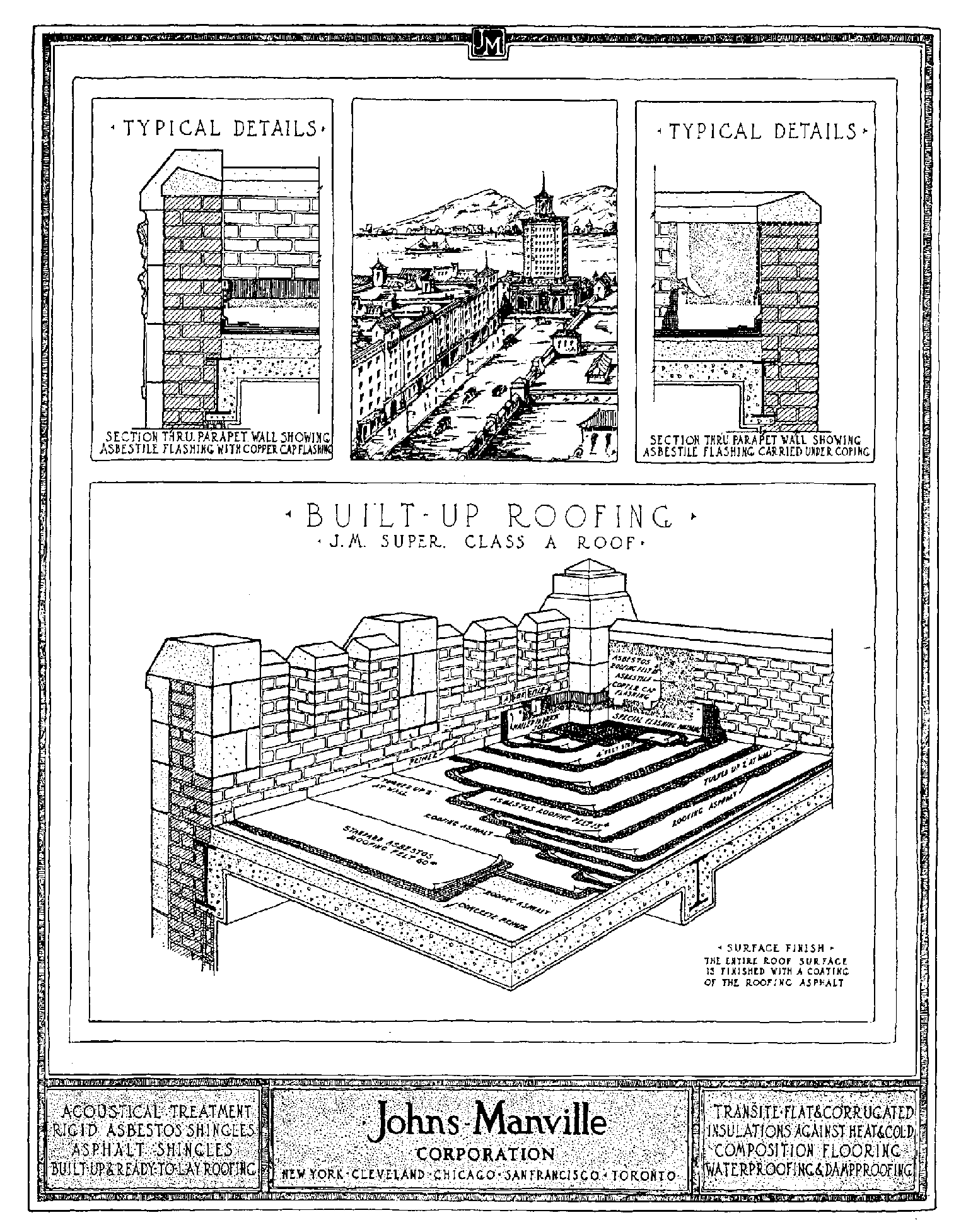 [Photo] 1929 advertisement showing the specifications for a built-up Johns-Manville roof