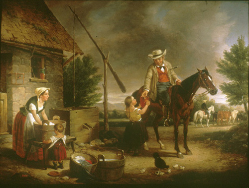 [Photo] Francis William Edmonds' painting, The Thirsty Drover, 1856, showing wood gutter and rain barrel/cistern.