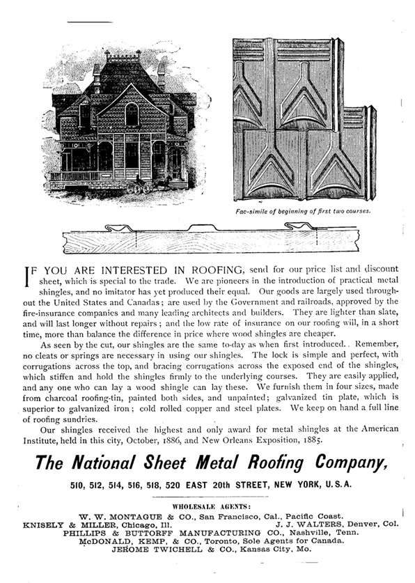 [Photo] An ad sheet showing stamped shingles in four materials as advertised in an 1888 publiction of house designs, Homes of Today