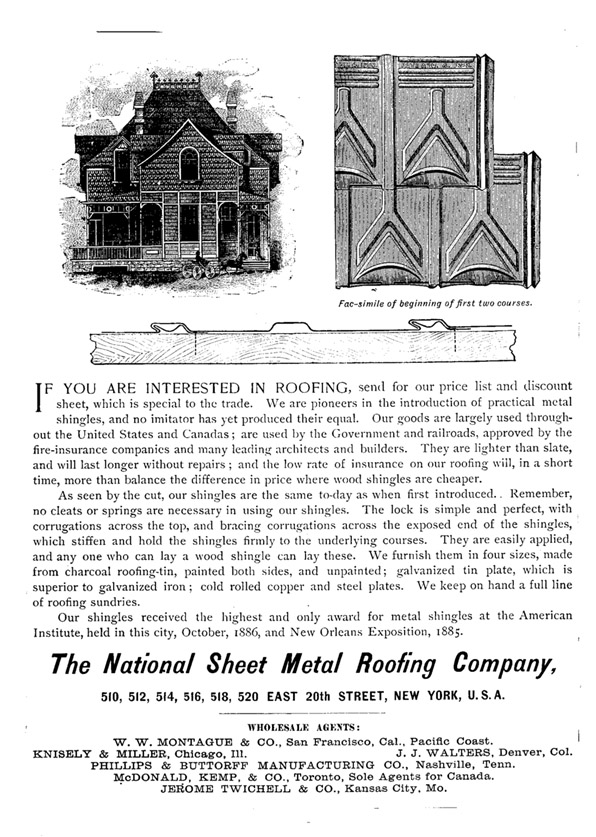 [Photo] An ad sheet showing stamped shingles in four materials as advertised in an 1888 publiction of house designs, Homes of Today