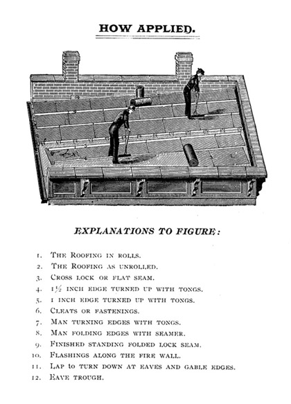 [Photo] An illustration of an iron or steel roof advertised in a 1893 catalog of a Philadelphia manufacturing showing the proper application