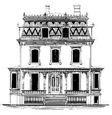 [Drawing] A drawing of the front  elevation of a dwelling published in: Supplement to Bicknell's Village Builder