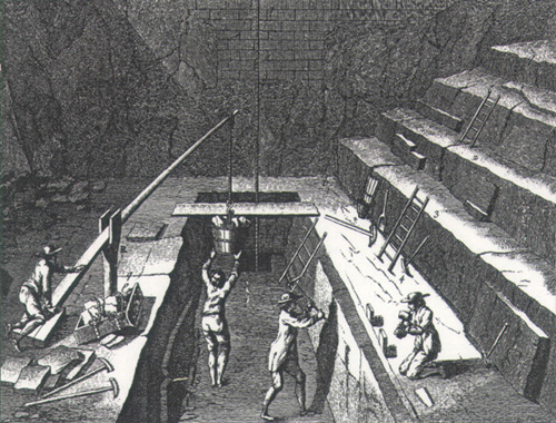 [Drawing] A drawing of a slate quarry in production as illustrated by Diderot in the Pictorial Encyclopedia of Science Art and Technology of 1762