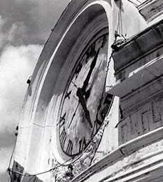 This is an image of a deteriorating clock surround on the Colorado County Courthouse, Texas, c. 1970s. Photo: NPS files.