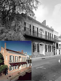 Two images, one an inset, are shown of the Hermann-Grima House in the French Quarter, New Orleans, Louisiana. The black and white image shows the exterior of the house before it was carefully restored; the inset color image shows the house after completion of restoration work. Photos: (Before) HABS Collection, NPS; (After) Paul Taylor. Hermann-Grima and Gallier Houses.