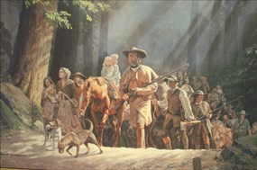 Painting by David Wright showing Daniel Boone and other pioneers travelling through the Cumberland Gap into Kentucky Painting by David Wright showing Daniel Boone and other pioneers travelling through the Cumberland Gap into Kentucky