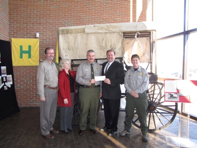 Left to Right:  Stephen Dean, President FamFive Productions; Carol Campbell, Director of Programs and Tourism, Abraham Lincoln Library and Museum; Mark Woods, Superintendent, Cumberland Gap National Historical Park; John Brown, Chairman, Friends of Cumberland Gap; Carol Borneman, Park Ranger, Cumberland Gap National Historical Park  
