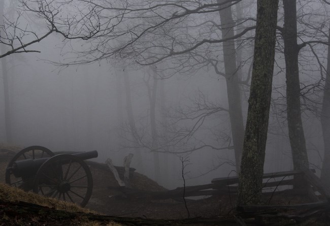 A cannon with fog surrounding it.