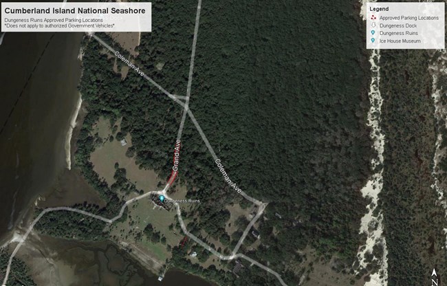 a satelite map of the Dungeness area showing red highlighted areas north of the ruins where vehicles can park.