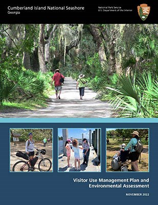 Image of two people walking down a tree-lined dirt road. text cumberland island National Seashore Visitor Use Management plan.