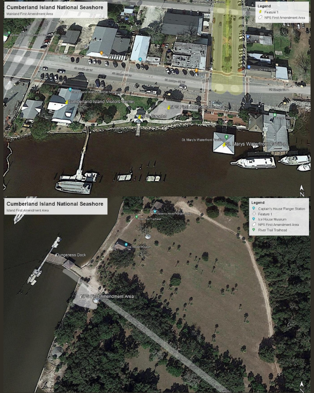 A map of the waterfront NPS property showing the first amendment area highlighted in a white shade. The area is to the right of the white pavilion, between the sidewalks. The second map shows the first amendment spaces on the island, near the Dungeness do