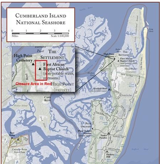 a map of Cumberland Island National Seashore with the closure area highlighted in a read box