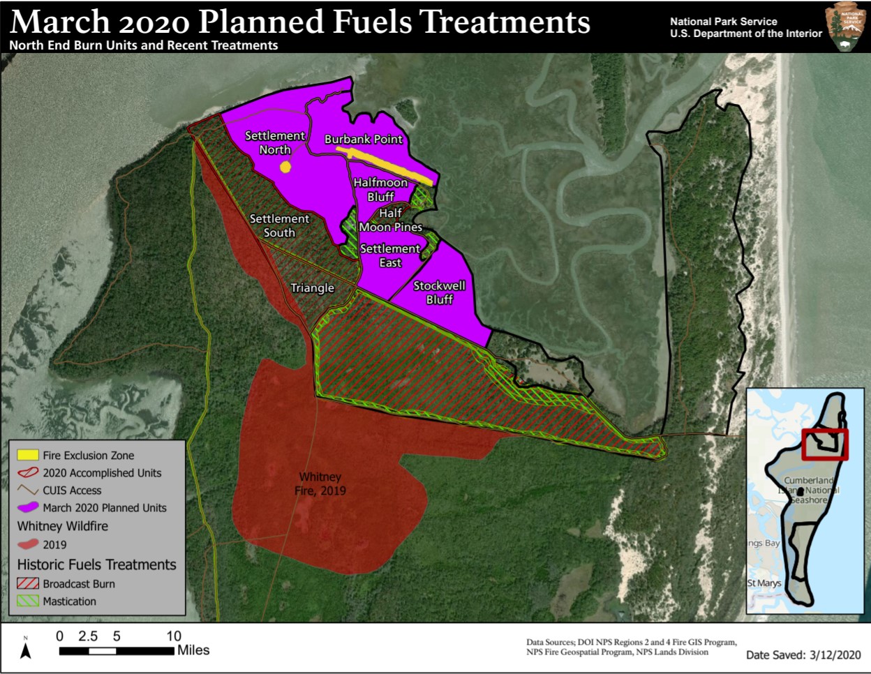Rx_map_northend_2022 A satellite image map of the north end of Cumberland Island titled "March 2020 planned fuels treatment". Several colored polygons outline the various burn zones on the island. A red outline below North Cut Road shows the extent of the whitney fire in 2019