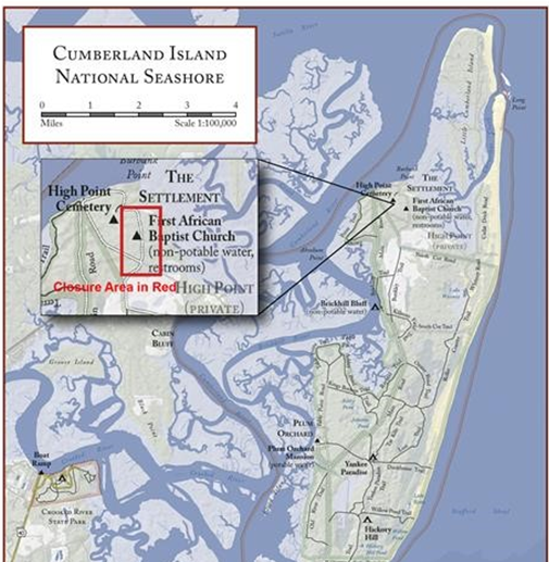 Cumberland Island map showing Settlement area