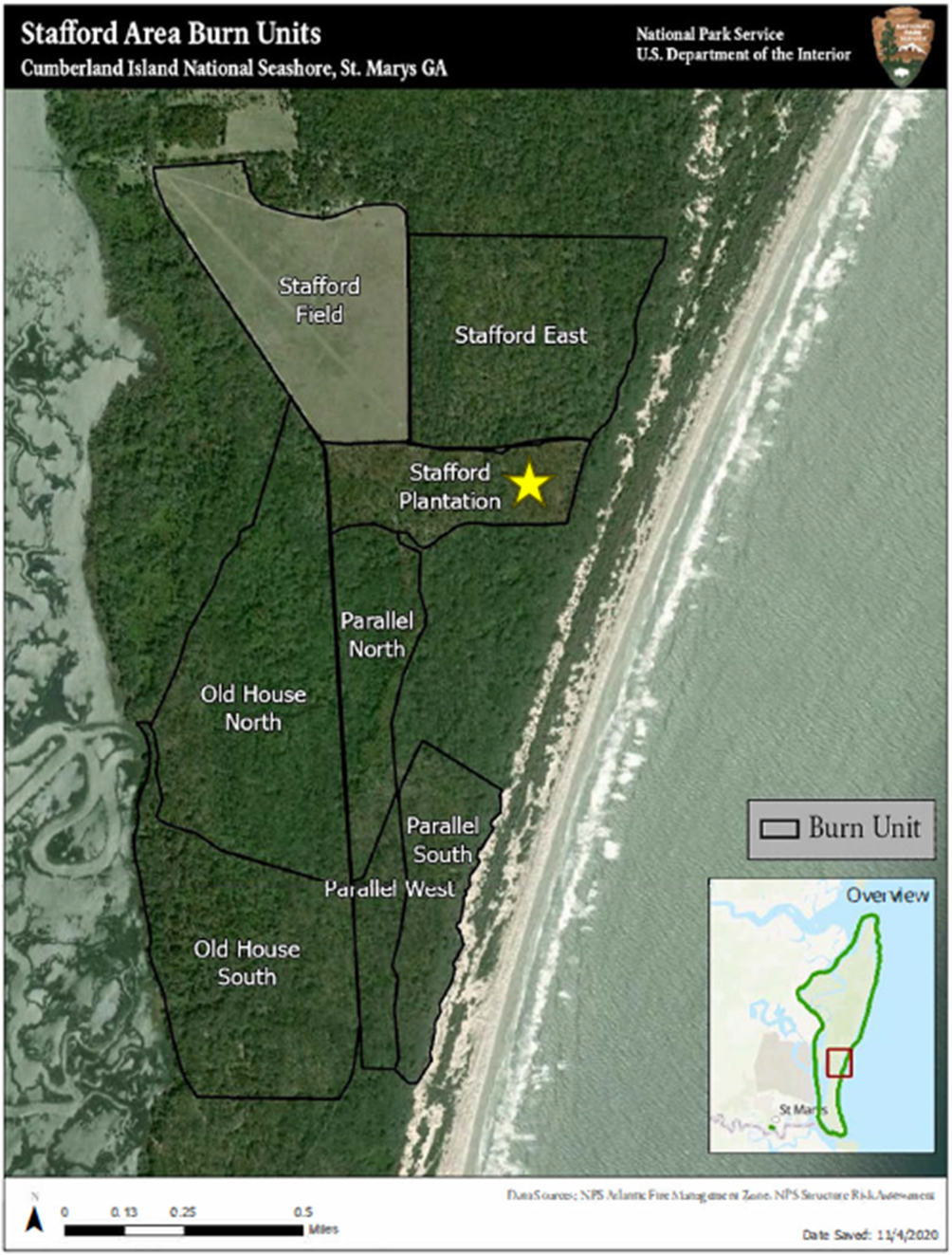 prescribed burn near Stafford Beach Campground on April 19, 2024 Map of Cumberland Island showing location of Stafford Beach prescribed burn that will occur on April 19,2024