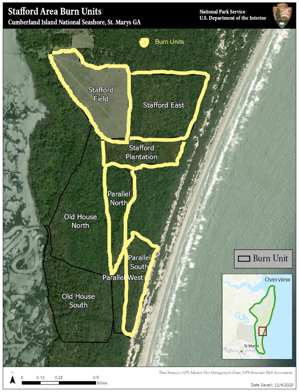 Stafford Area Burn Units This map shows the Stafford Burn Units that will be burned in February 2021 on Cumberland Island National Seashore.