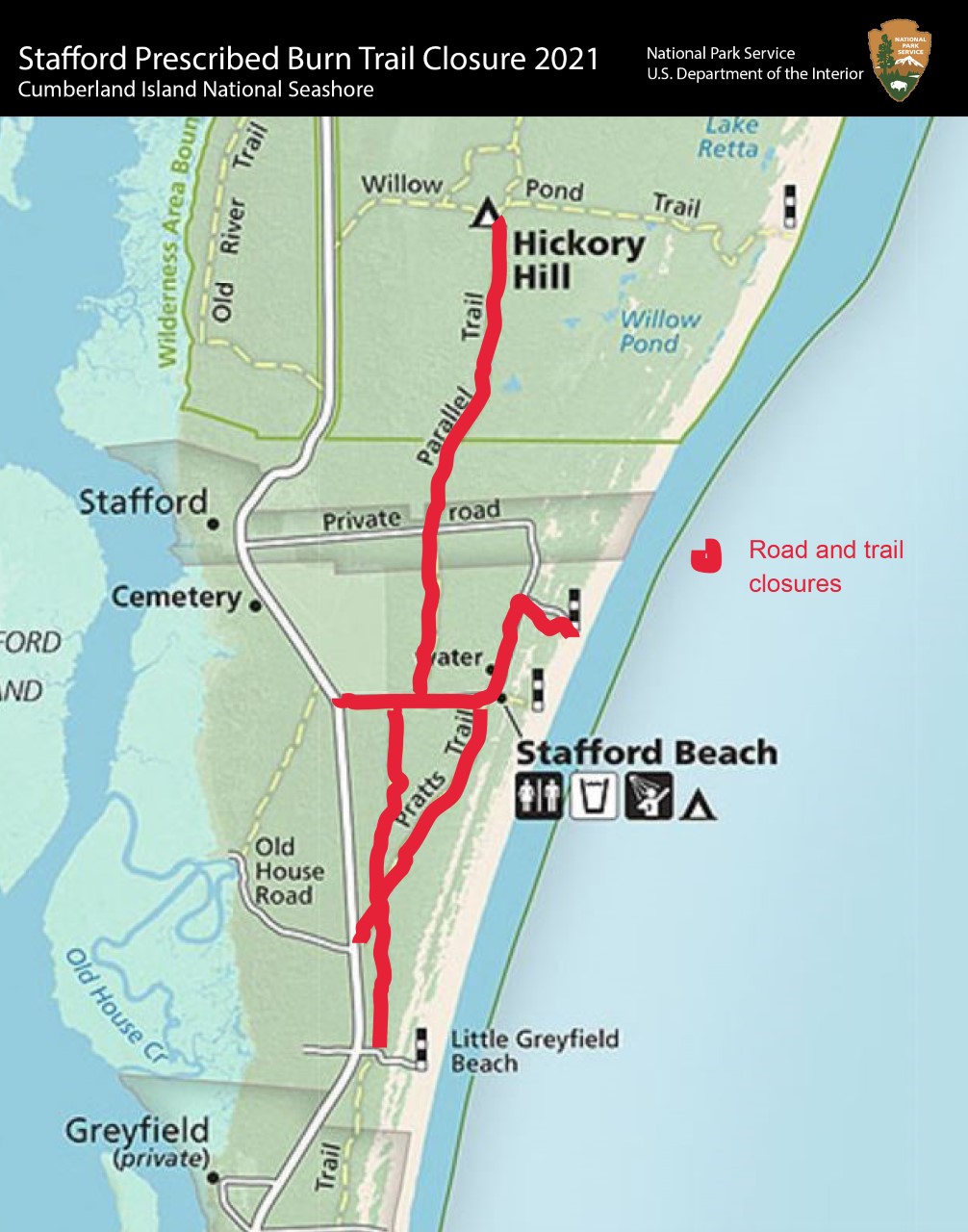 Stafford Prescribed Burn Trail Closure 2021 This map shows the trail closures as a result of the February 2021 Stafford prescribed burn.