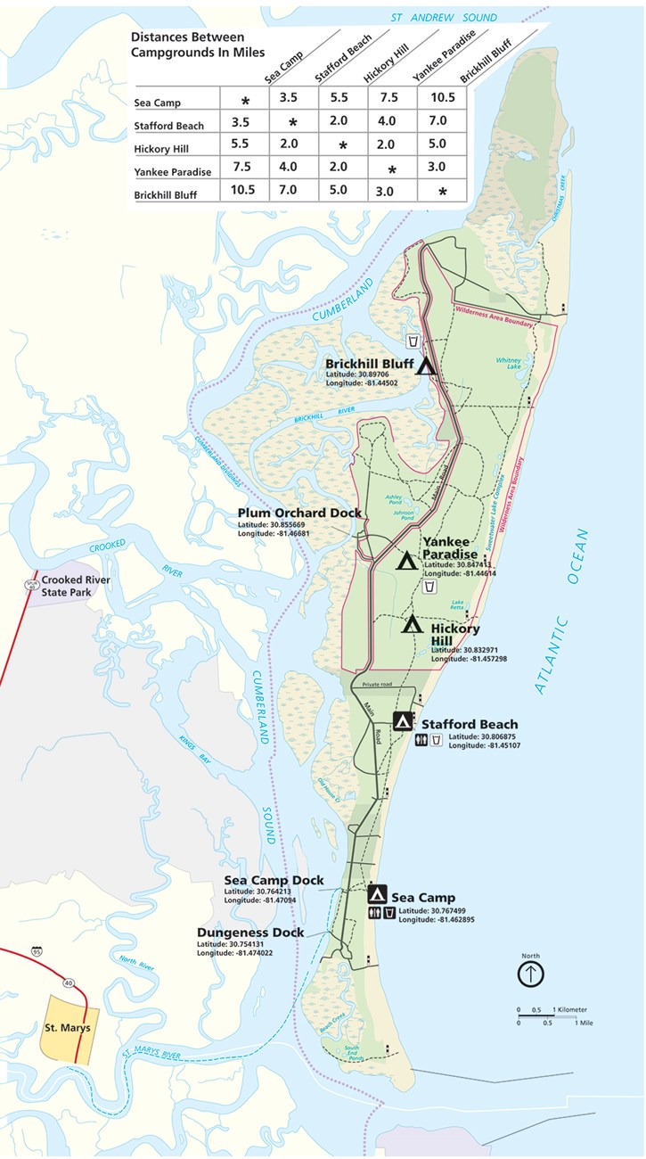 Map of Cumberland Island waterways with way finding coordinates