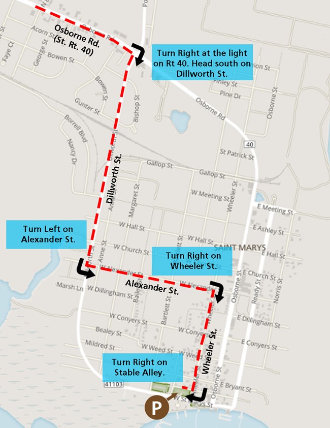 Marti Gras Map_Web map of downtown St. Marys showing alternative route to parking lot