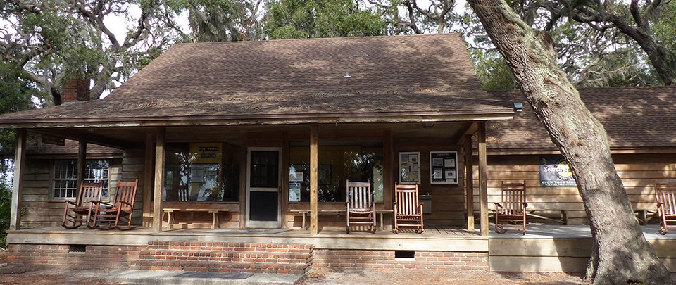 Ranger station with large front porch and rocking chairs