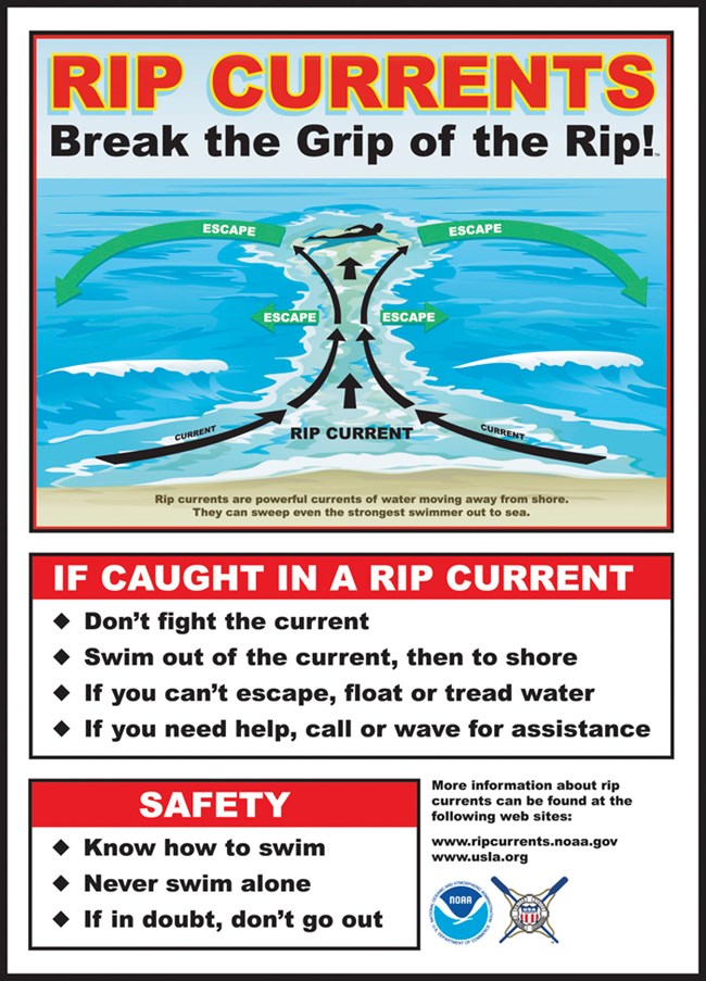 Graphic of a rip current with information about how to avoid them