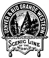 A black and white logo with a circle showing 'Dener & Rio Grade Western' and a tall rock formation. "Scenic Line of the World" is underneath in a white box.