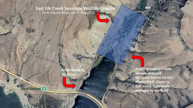 Aerial photo map of East Elk Creek seasonal wildlife closure.