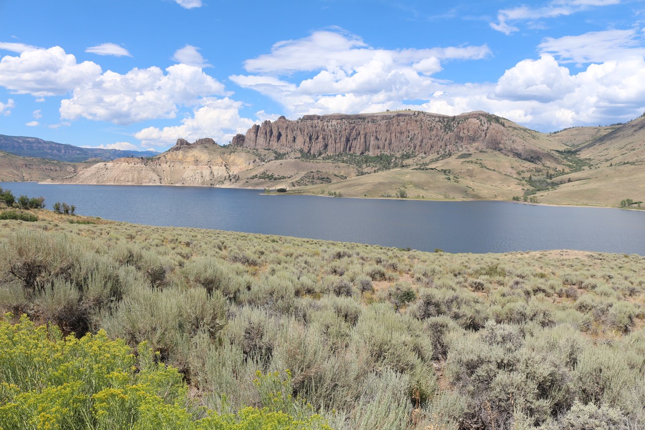 Sagebrush landscape of green shrubs and other plants on a sloping hill. A blue reservoir is beyond the sagebrush. Tall pinnacles are visible across the water on a mesa.