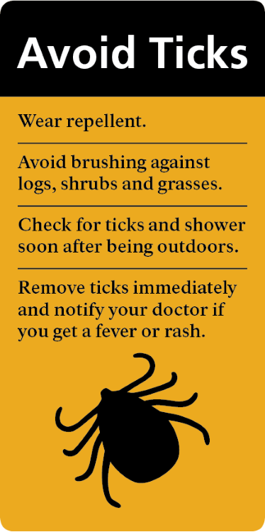 A orange and black graphic with a tick pictogram and safety messaging