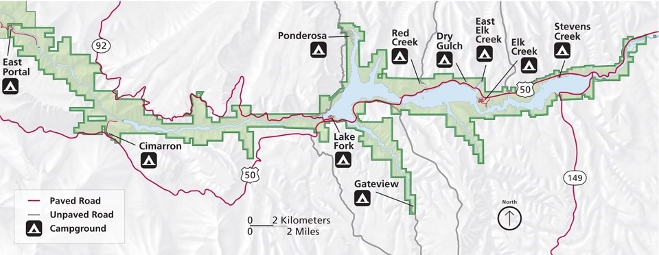 Illustrated map of Curecanti showing the developed and primitive campgrounds