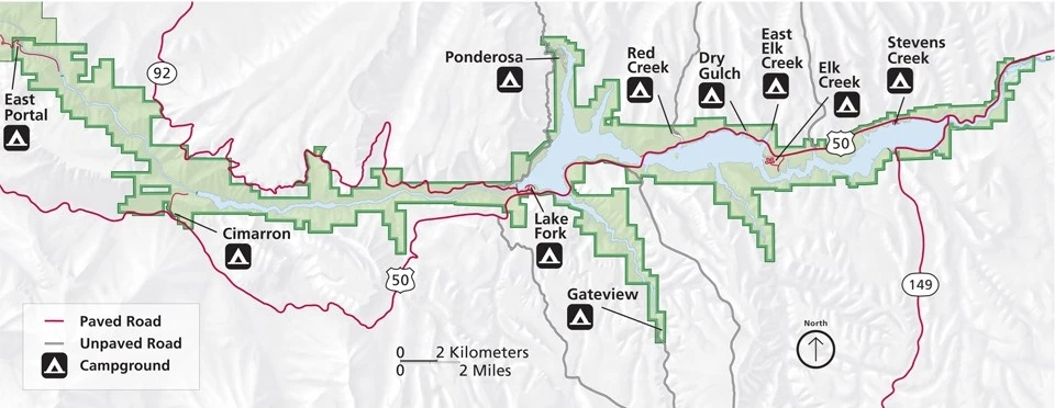 Campground map Illustrated map of Curecanti showing the developed and primitive campgrounds