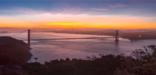 View of the Golden Gate Bridge, taken from the Marin Headlands, looking towards San Francisco at sunrise.