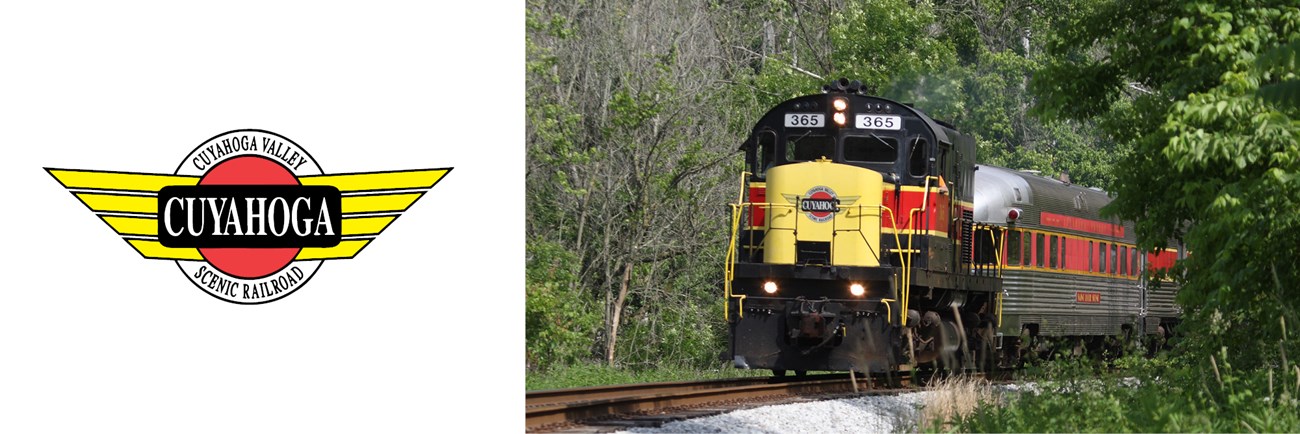 Logo for the Cuyahoga Valley Scenic Railroad accompanied by an image of the black, yellow, and red train in the park.