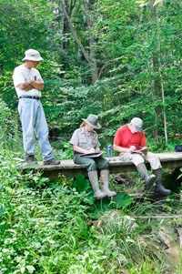 Volunteers and rangers document water data near a wooded stream Volunteers and rangers document water data near a wooded stream