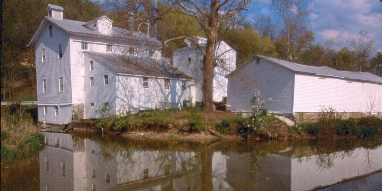 Alexander Mill, now Wilson's Feed Mill, as viewed from the Ohio and Erie Towpath Trail. A two-story white house with an adjacent building viewed next to a canal full with water.