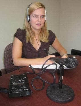 Carolyn Conklin recording an interview.