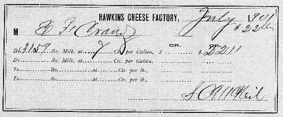 Black and white photo of the receipt of purchase from a cheese factory in Ira, OH, circa 1901. The receipt states "Hawkins Cheese Factory, July 1901".