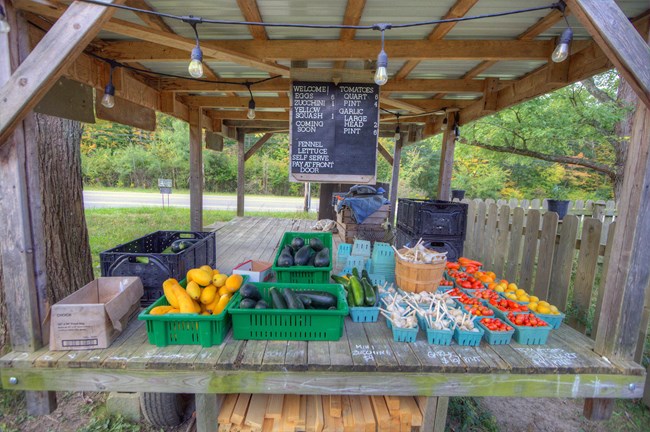 Trays and containers of colorful produce lined up on a large wooden table under a wood and tin roof; a black and white sign overhead lists prices.