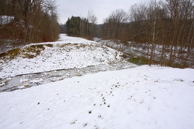 Two streams converge in a snowy forest; a wide path extends into the distance parallel to the larger of the streams.
