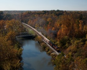 Scenic railroad passes through the  valley, beside the Cuyahoga River.