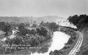 Postcard postmarked 1909 showing the railroad, canal, and Cuyahoga River between the villages of Boston and Peninsula.