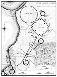 Black and white map of geometrically shaped structures on the landscape.