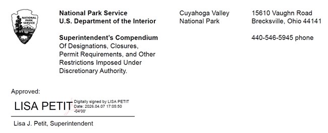 Compendium header with black and white NPS arrowhead and Superintendent's electronic signature; header text is repeated below.