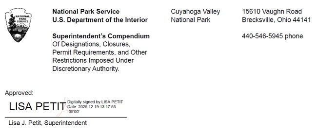 Compendium header with black and white NPS arrowhead and Superintendent's electronic signature; header text is repeated below.