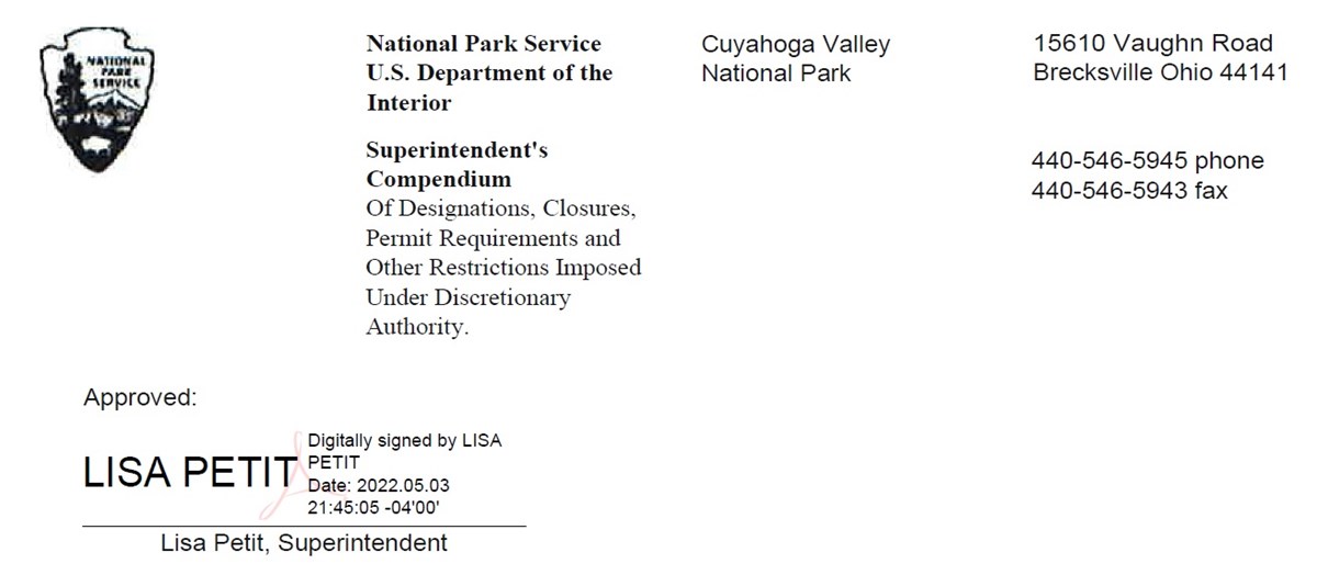Compendium header with black and white NPS arrowhead and the Superintendent's electronic signature; header text is repeated below.
