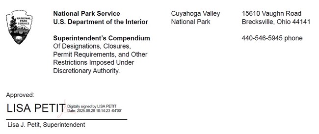 Compendium header with black and white NPS arrowhead and Superintendent's electronic signature; header text is repeated below.